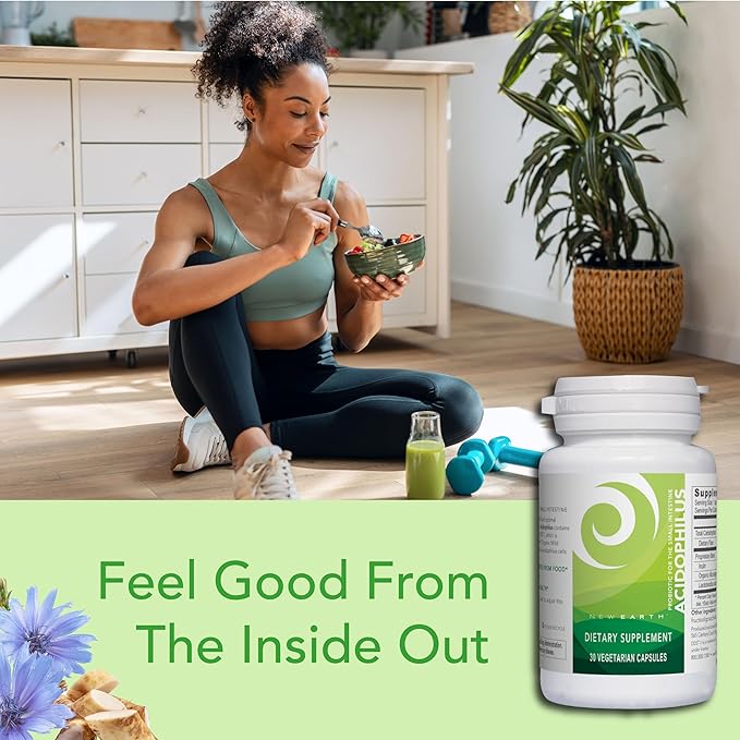 New Earth Acidophilus - Probiotic for Upper GI Support - Lactobacillus DDS-1 Inulin Prebiotic &amp Organic Wild Microalgae - 5 Billion CFU for Gut Health Digestion &amp Immune Function - Vegan 30