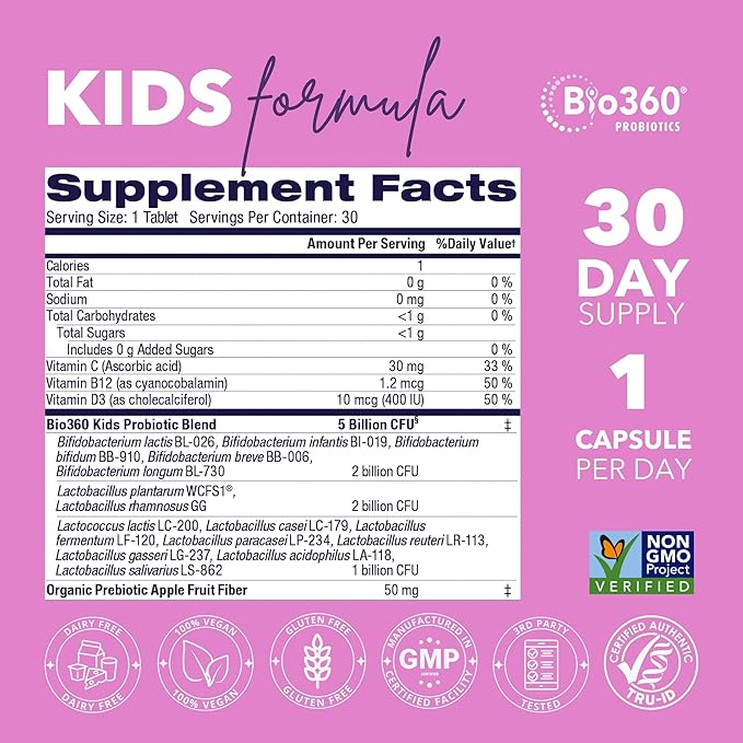 Bio360 Probiotics for Kids - 15 Strains &amp 5 Billion CFU Supports Brain Immune &amp Digestive Health - Kids Probiotic Chewable with Organic Prebiotics for Gut &amp Constipation Mixed Berry Flav