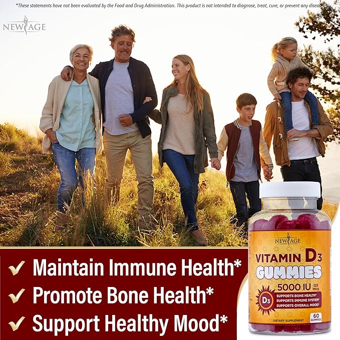 NEW AGE Vitamin D3 5000 IU 125mcg Gummies - Immune Supplement - Non-GMO Gluten-Free Dairy-Free No Gelatin (60 Gummies (Pack of 1))
