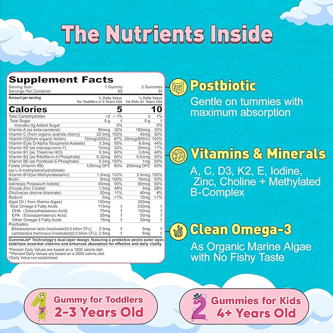 Organic Toddler Multivitamin Gummies (Ages 2-3) | Omega-3 (DHA/EPA) Postbiotics A C D3 K2 Methyl B12 Folate Zinc | Kids Multivitamin for Immune Digestive Brain Development Sugar-Free 60Cts