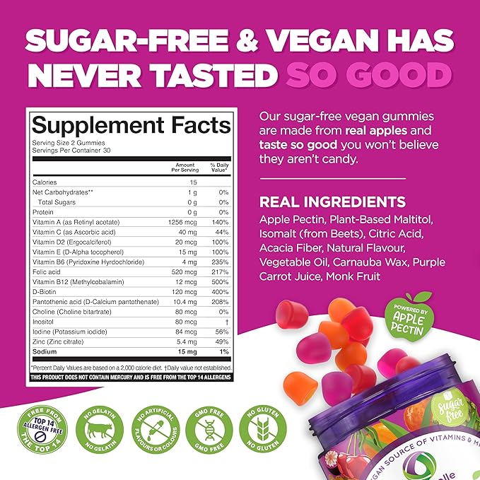 NUTRAMIN Daily Vegan Keto Multivitamin Gummies Non-GMO Natural Vitamin C D + Zinc for Immunity Plant-Based Sugar-Free Nut-Free Gluten-Free Biotin Vitamin A B B6 B12 60 Ct 30 Days (60 Count)