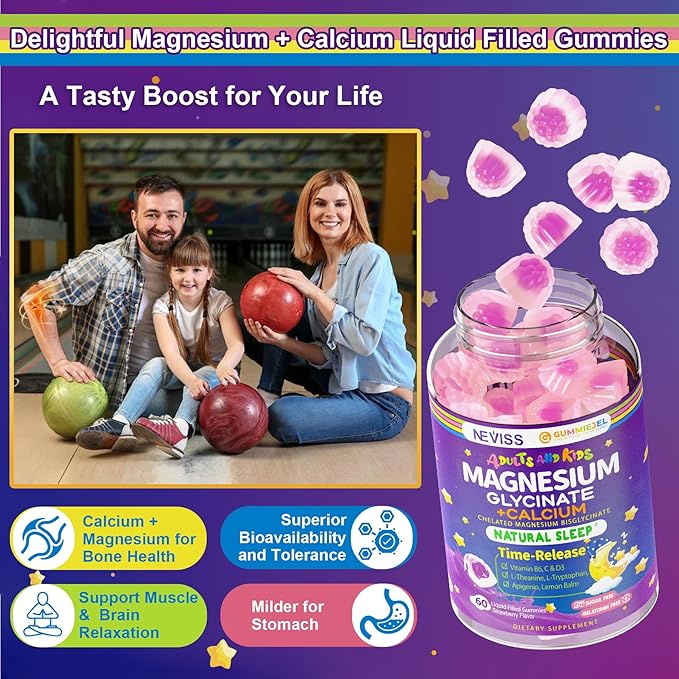 Neviss Magnesium Glycinate + Calcium Filled Gummies for Adults and Kids 4+ Kids Sleep Gummies Melatonin Free Sugar Free Magnesium Supplement with B6 D3 L-Theanine for Zzz &amp Relax BrainBoneMu