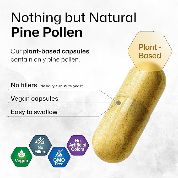 BIO KRAUTER® Pine Pollen for Men's Support - Pure &amp Vegan Pine Pollen Extract 1000 mg per Serving - Immune Support Supplement &amp Antioxidants - 100 Capsules 50-Day Supply Non-GMO Herbal Suppl