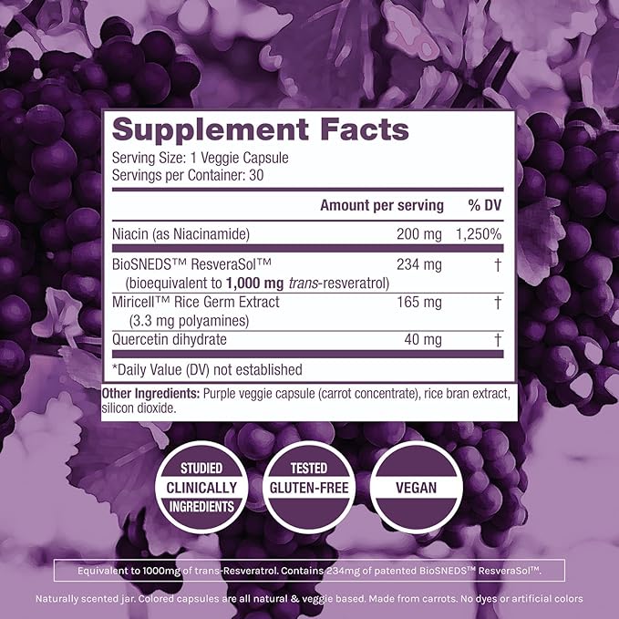 ResVitále Resveratrol + NAD &amp Miricell 1000 mg - Advanced Antioxidant Support for Brain Heart Energy &amp More - 30 Veggie Capsules (30 Servings)