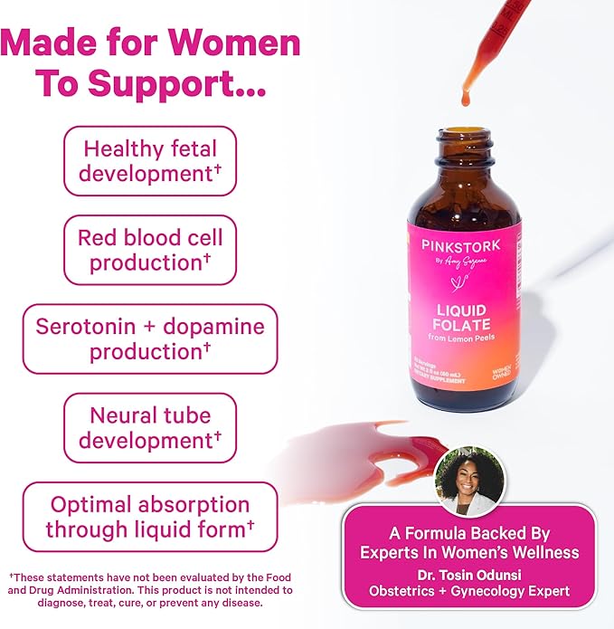 Pink Stork Liquid Folate Drops – 5-MTHF Methylfolate B9 Vitamin | Liquid Folic Acid Alternative for Women | Prenatal Folate Non-GMO Vegan Sublingual Methylfolate Supplement | 2 fl oz