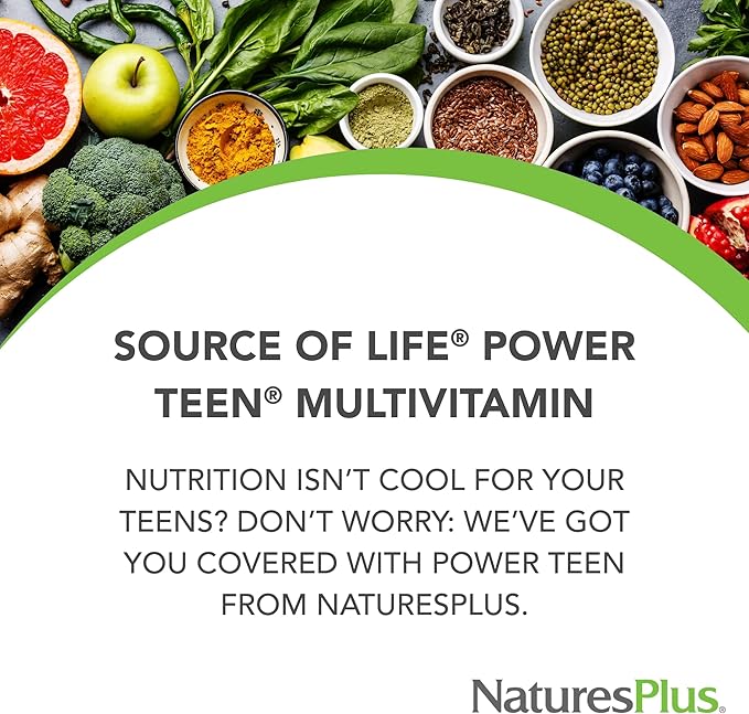NaturesPlus Source of Life Power Teen - 90 Vegetarian Tablets - Teen Multivitamin with Minerals &amp Whole Foods for Mental Focus Energy Booster - Gluten-Free - 45 Servings