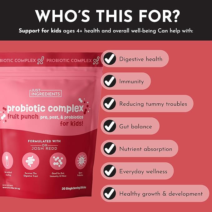 JUST INGREDIENTS Kids Probiotic Drink Mix - Fruit Punch Prebiotic &amp Postbiotic Gut &amp Immune Support