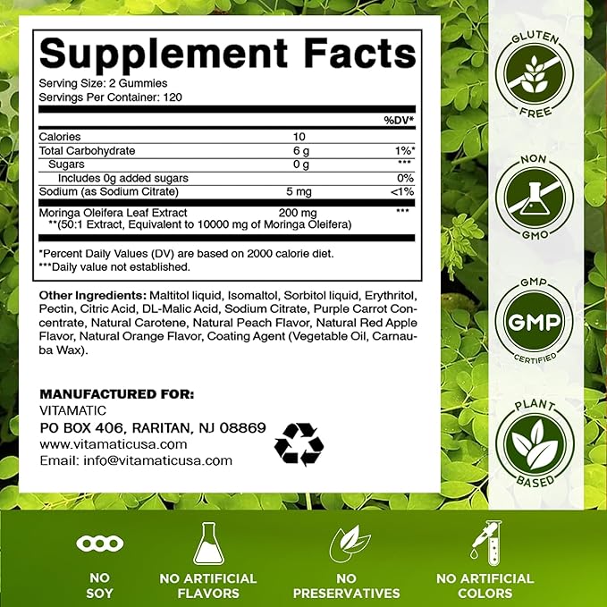 Vitamatic Moringa Gummies – Sugar-Free 50:1 Plant-Based Extract – Green Superfood – Pectin-Based Vegan Non-GMO – 240 Gummies