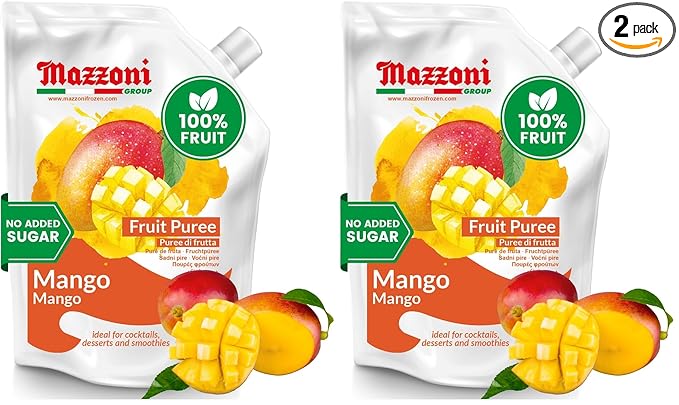 Mazzoni Mango Puree Juice 100% Pure Mango Lassi Just Fruit Nectar No Sugar Added 2.2 lbs (35.2 oz) Real Fruit Mixer for Cocktails Drinks Smoothies Convenient Pouch Made in Italy (Pack of 2)