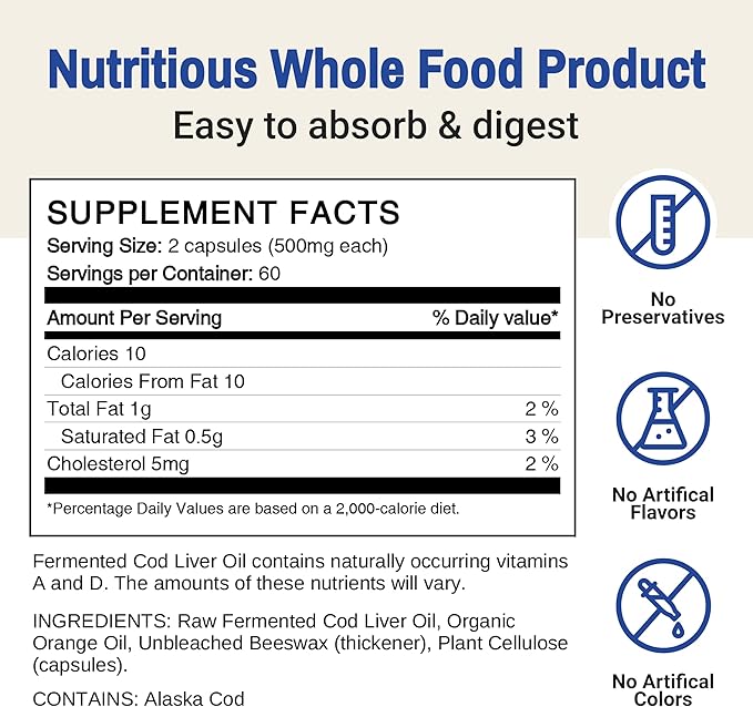 Green Pasture Fermented Cod Liver Oil - Orange Flavor Wild Alaska Cod Vitamins A &amp D Omega-3-6-9 MSC Certified 120 Capsules