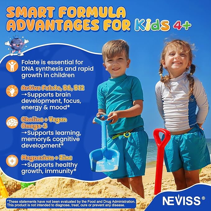 L Methylfolate 1000mcg for Kids Teens Gummies + Methyl B6 B12 Active 5-Mthf Methyl Folate MTHFR Supplement w/ Choline Omega-3 Magnesium Zinc for Focus Cognition Mood Energy Sugar Free Vean 120Cts