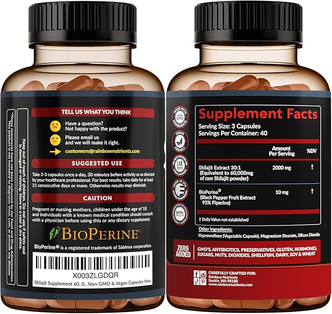 Pure Himalayan Shilajit Capsules Supplement (2010mg + Absorption Enhancer+50% Fulvic Acid) Natural 30:1 Shilajit with 85+ Trace Minerals for Energy Performance Immune Support| Non GMO| 120 Pills