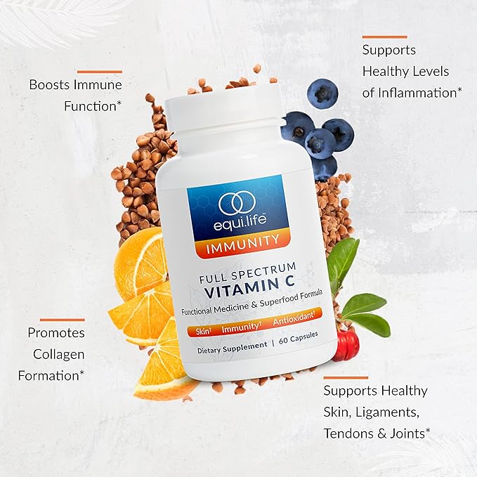 Equilife Full Spectrum Vitamin C Supplement with Quercetin Hibiscus and Rutin Plant Based Antioxidant Formula Gluten Free Soy and Dairy Free Non GMO Easy to Use 60 Capsules