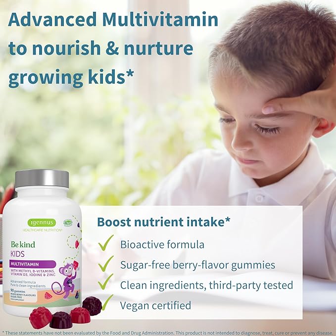 Igennus Methylated Kids Multivitamin Gummies MTHFR No Artificial Sweeteners or Flavors Sugar Free Age 4+ 90 Natural Berry Flavor Gummies from Fruit Powder Non-GMO Halal Clean Label