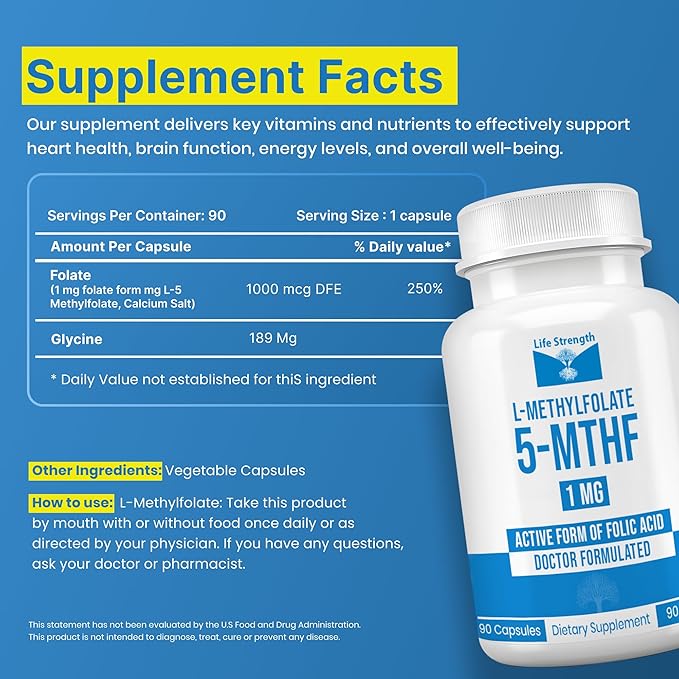 L Methylfolate 1mg | 180 Capsules | Optimized &amp Highly Bioactive Methyl Folate Supplement | 5-MTHF Supports for Energy Focus &amp Mood | Non-GMO Gluten Free Vegan | 6 Month Supply