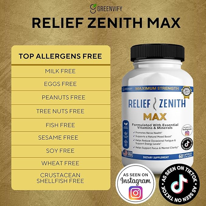 Relief Zenith Max Dietary Supplement Nerve Health &amp Mood Support 60 Capsules 30-Day Supply (1)