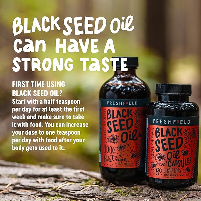 Freshfield Black Seed Oil Tested Cold Pressed Nigella Sativa High Thymoquinone (min 1.6%) and p-Cymene Ultra Strength Vegan 100% Pure and Natural Black Cumin Seed Oil Supplement 8oz Liquid