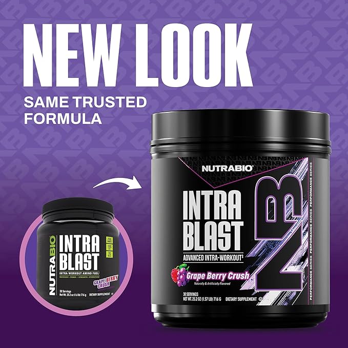 NutraBio Intra Blast Bcaa Powder Amino Acid Supplement Electrolyte &amp Hydration Blend Intra Pre Workout &amp Muscle Recovery 20g Eaa Amino Acids Powder 5g Glutamine- Grape Berry Crush 30 Ser