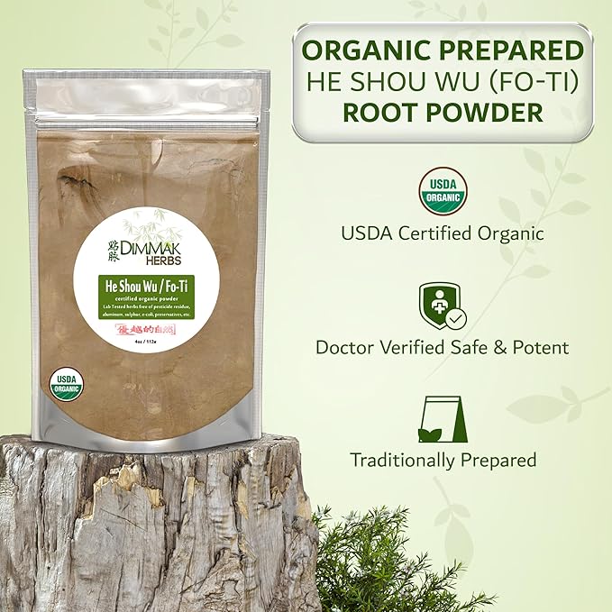 Dimmak Herbs Organic Prepared He Shou Wu Powder (Fo-Ti Root)- Traditional Black Bean Cured Tonic for Hair Thickness Graying &amp Jing Vitality- Polygonum Multiflorum Safe &amp Potent (4oz)