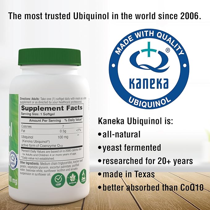 Health Thru Nutrition Ubiquinol 100mg 120 Softgels as Kaneka QH Reduced CoQ-10 | Stabilized - 3rd Party Tested | Enhanced Bioavailability | Cardiovascular &amp Mitochondria Function Support | Non-GMO