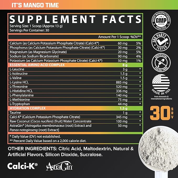 Nutrex Research EAA Hydration | EAAs + BCAA Powder | Muscle Recovery Strength Muscle Building Endurance | 8G Essential Amino Acids + Electrolytes | 30 Servings It's Mango Time