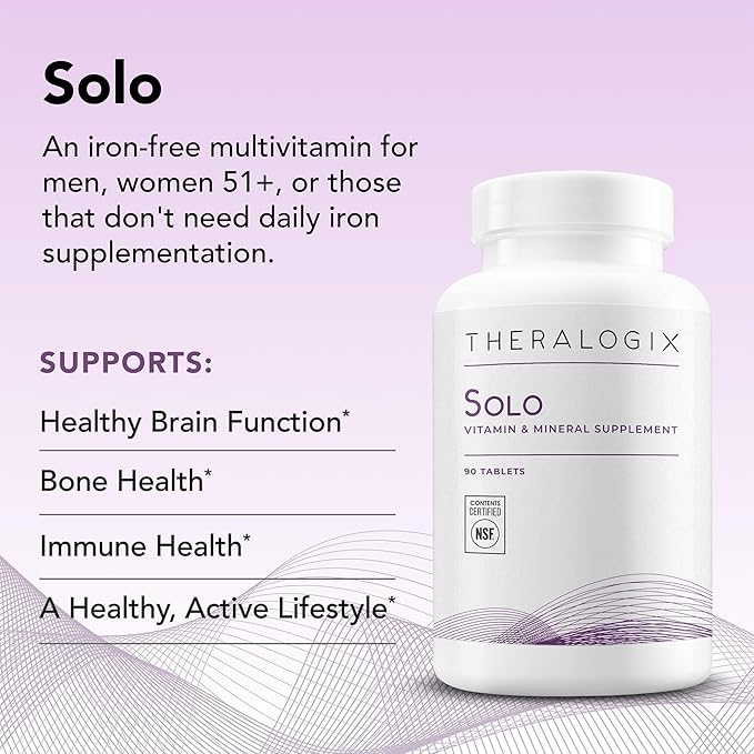 Theralogix Solo Multivitamin &amp Multimineral Supplement Without Iron - 90-Day Supply - Iron-Free Multivitamin - Support for Women &amp Men - Vitamin D3 Vitamin C &amp B Vitamins - NSF Certified