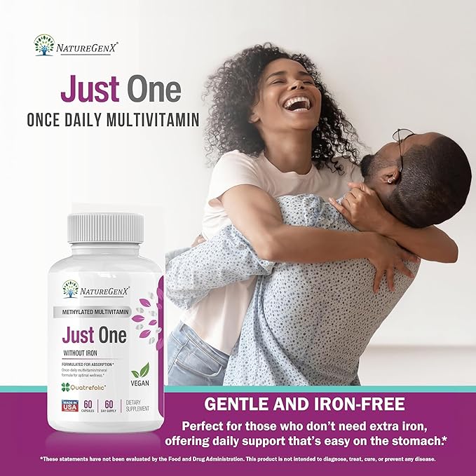 Just One Daily Methylated Multivitamin - Iron-Free with Methyl B12 &amp Quatrefolic Methylfolate - Methylation Support for Men &amp Women - 2-Pack Best Value 120 Vegan Capsules (4-Month Supply)