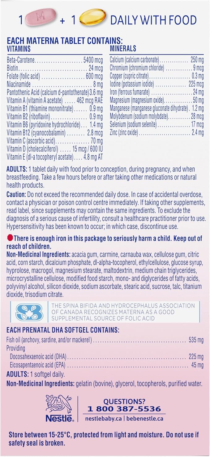 NESTLÉ Materna Prenatal Multivitamin with DHA Supplement | Folic Acid | 60 tablets + 60 DHA soft gels
