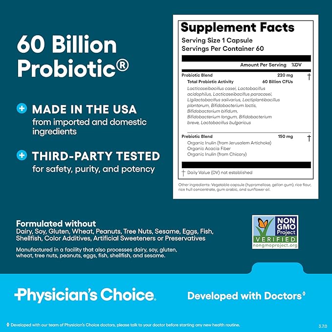 Physician's CHOICE Probiotics 60 Billion CFU - 10 Strains + Organic Prebiotics - Immune Digestive &amp Gut Health - Supports Occasional Constipation Diarrhea Gas &amp Bloating - for Women &amp M