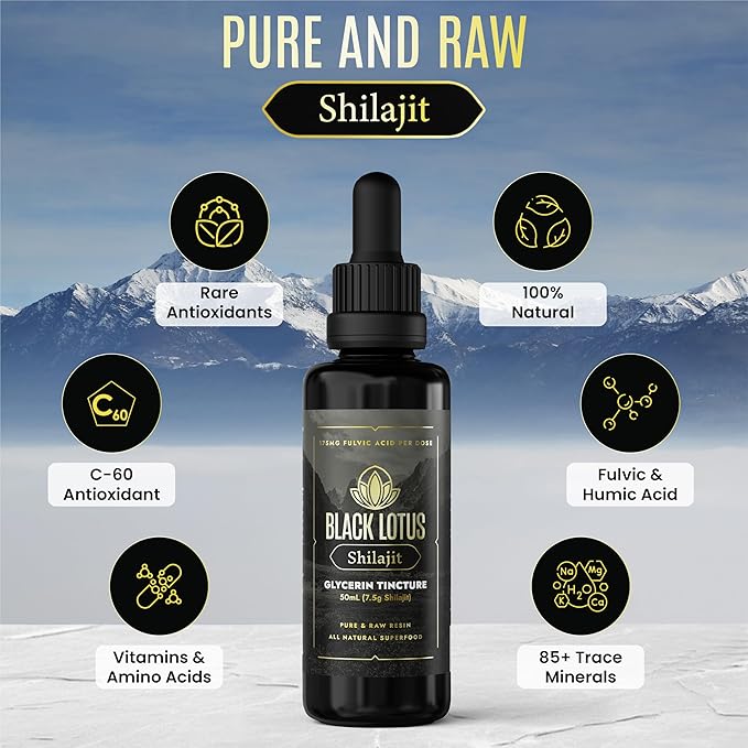 Black Lotus Pure Shilajit Resin Liquid Tincture 50ml 100% Pure Natural Shilajit for Men &amp Women with Amino Acids 175mg Fulvic Acid 85 Ionic Trace Minerals for Immune Support Focus Energy