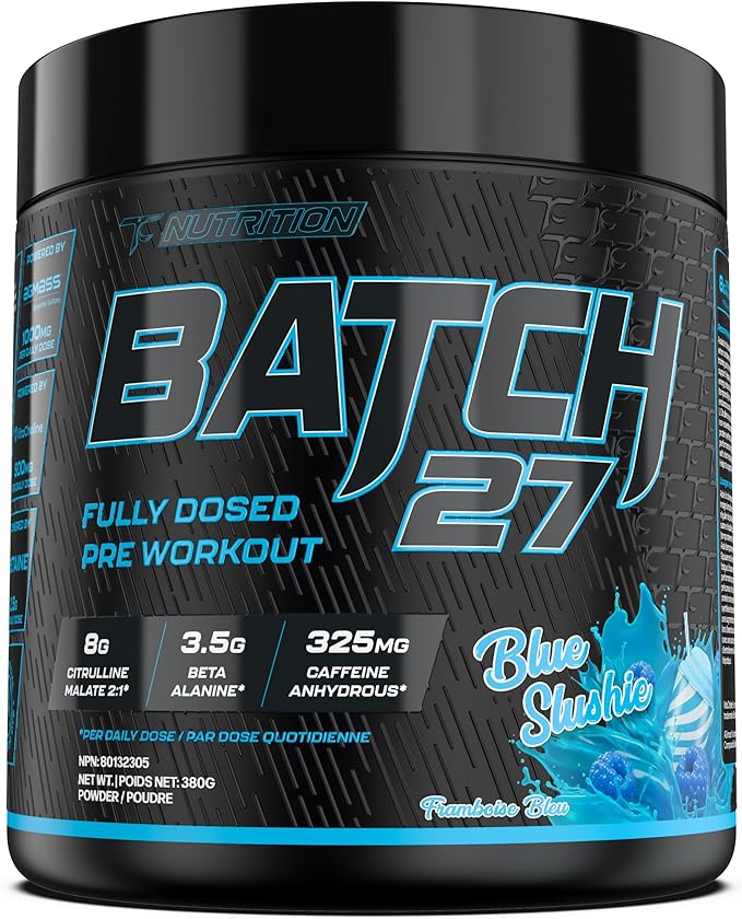 TC Nutrition Batch 27 Pre Workout Powder - 8g Citrulline 3.5g Beta Alanine 2.5g Betaine 325mg Caffeine | Instant Energy Focus Pumps &amp Strength | Nitric Oxide Booster 20 sv (Blue Slushie)