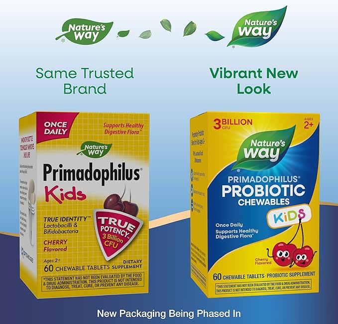 Nature's Way Primadophilus Probiotic Kids - Once Daily - 3 Billion CFU - Children's Probiotic for Digestive Flora Support* - Cherry Flavored - 60 Chewables (Pack of 2)