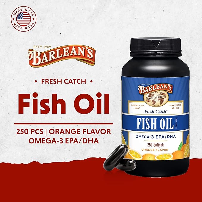 Barlean's Omega 3 Fish Oil Supplements 600mg Fish Oil Pills with EPA &amp DHA Softgels for Joint Brain &amp Heart Health Orange Flavored 250 Count