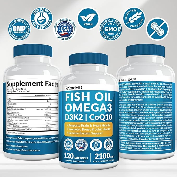 5-in-1 Fish Oil Omega 3 Supplements (2100mg) - Fish Oil with Vitamins D3 &amp K2 and CoQ10 - EPA DHA Omega 3 Supplement - Lemon Flavored Fatty Acid Supplements Pack of 2