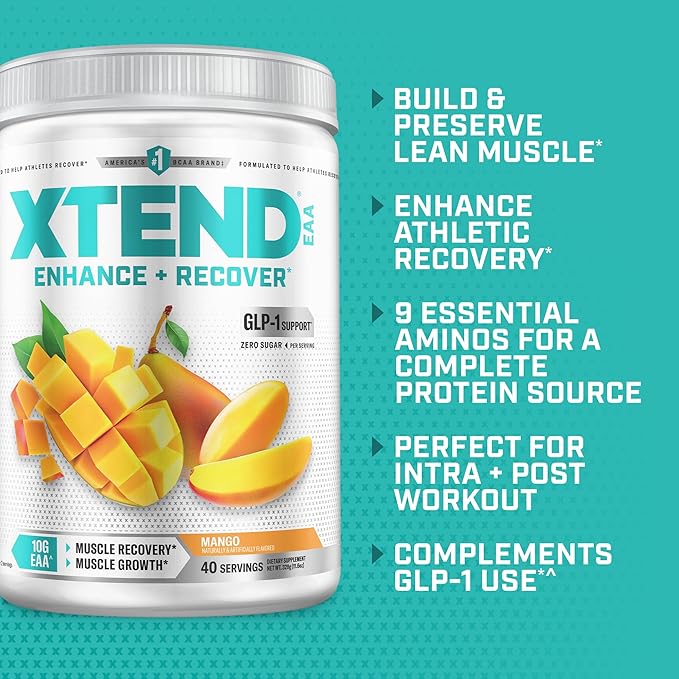 Xtend Scivation EAA + BCAA Powder | Muscle Recovery &amp Lean Muscle Growth | 9 Essential Amino Acids for Intra Workout or Post Workout Recovery | 10g EAAs Per 2 Servings | Mango 40 Servings