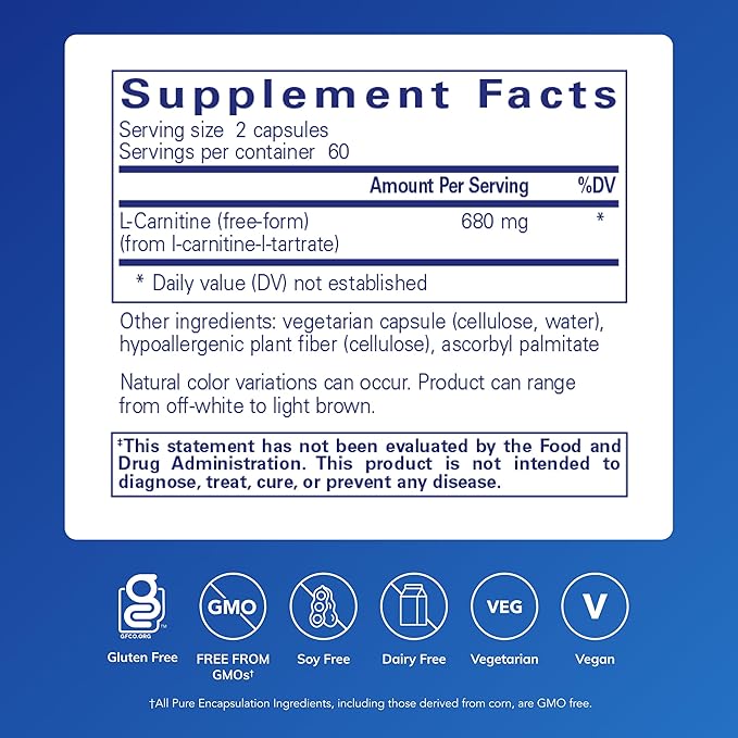 Pure Encapsulations L-Carnitine | Hypoallergenic Supplement for Cardiovascular and Endurance Support | 120 Capsules