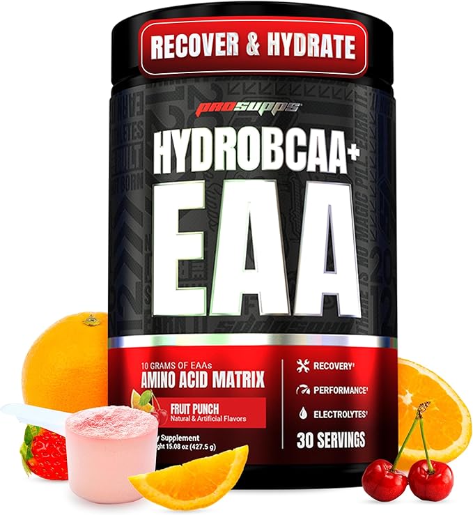 ProSupps HydroBCAA Essential Amino Acids Powder Fruit Punch - Workout Supplement with BCAA EAAs &amp Electrolytes for Hydration &amp Recovery - Stimulant-Free Soy &amp Gluten-Free - 30 Servings