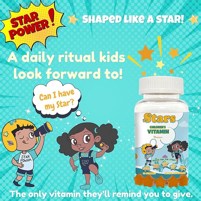 Stars Kids Multivitamin Gummies with Omega 3 Vitamins for Kids with A B C D Plant Based Multi Vitamins for Children Manganese 60 Star-Shaped Multivitamin for Kids Gluten-Free Gummy Vitamins