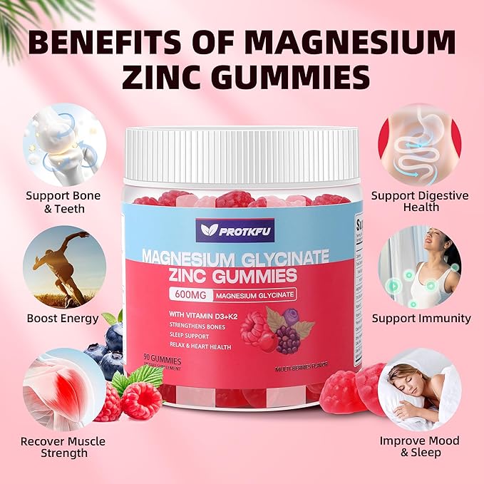90 CT Magnesium Glycinate Gummies 600mg Sugar Free Magnesium Gummies w/Zinc &amp Vitamin D3 - Magnesium Supplements for Sleep Supports Bone Health Nerve &amp Immune Function
