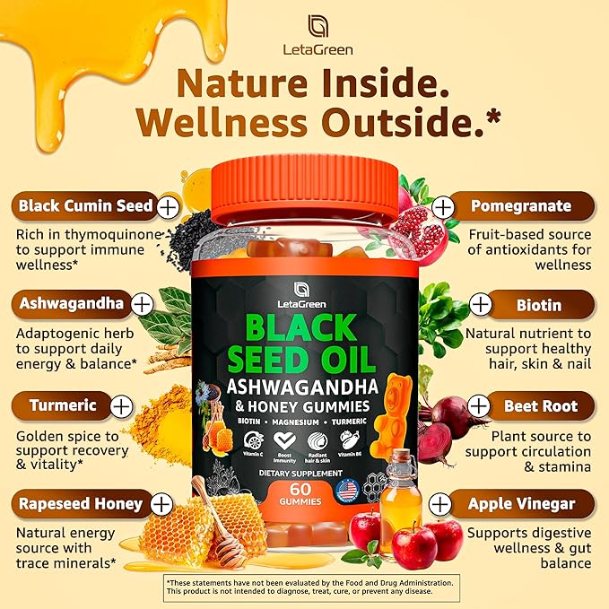 Black Seed Oil Gummies 500mg with Ashwagandha &amp Apple Cider Vinegar - Immune &amp Wellness Support Supplement with Vitamin C Biotin Turmeric - 60 Organic Gummy Bears for Hair &amp Skin