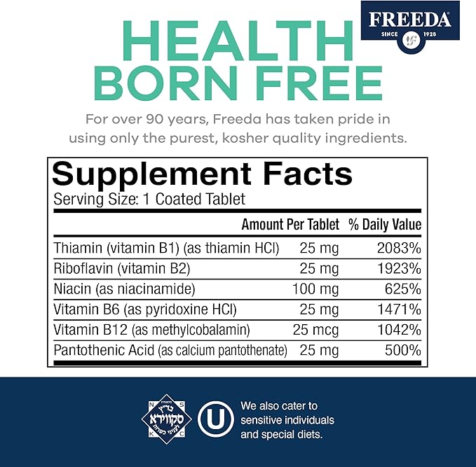 Freeda Vitamin B Complex No Folic No PABA - Super B Complex Kosher Vitamin Supplement with Vitamin B1 Vitamin B2 Vitamin B3 Vitamin B5 Vitamin B6 Vitamin B12 - Vit B Complex B for Women &amp Men (100