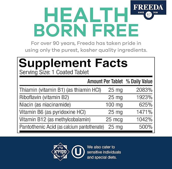Freeda Vitamin B Complex No Folic No PABA - Super B Complex Kosher Vitamin Supplement with Vitamin B1 Vitamin B2 Vitamin B3 Vitamin B5 Vitamin B6 Vitamin B12 - Vit B Complex B for Women &amp Men (250