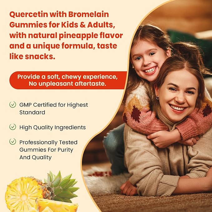 Sugar Free Quercetin with Bromelain Gummies for Kids &amp Adult - Immune Antioxidant Seasonal Support 1000mg Quercetin Supplements with Bromelain Zinc Elderberry Vitamin C D3 E Vegan 60 Count