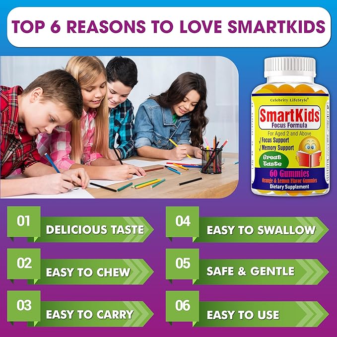 Smart Kids Focus Gummies with Omega 3 6 9 DHA Brain Support Teen Vitamin Kids Focus and Attention Supplements Vegetarian Memory Supplement for Brain Orange Flavor 60 Gummies