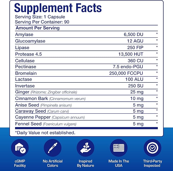 Plant Based Multi Digestive Enzymes Supplement - Clinically Formulated Digestion Supplement with Soothing Herbs and Enzymes for Women and Men for Protein Carb &amp Fat Digestive Complete (90ct)
