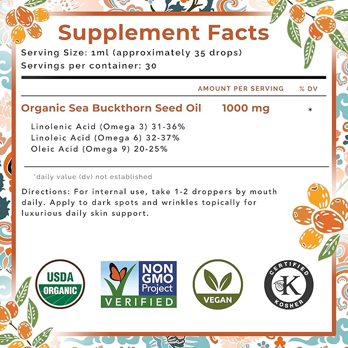 SEABUCKWONDERS Organic Sea Buckthorn Seed Oil 1 Fl Oz 30 Servings with Omega 3 6 &amp 9 Can Be Used Topically &amp Orally Supports Hair Skin &amp Nail Health