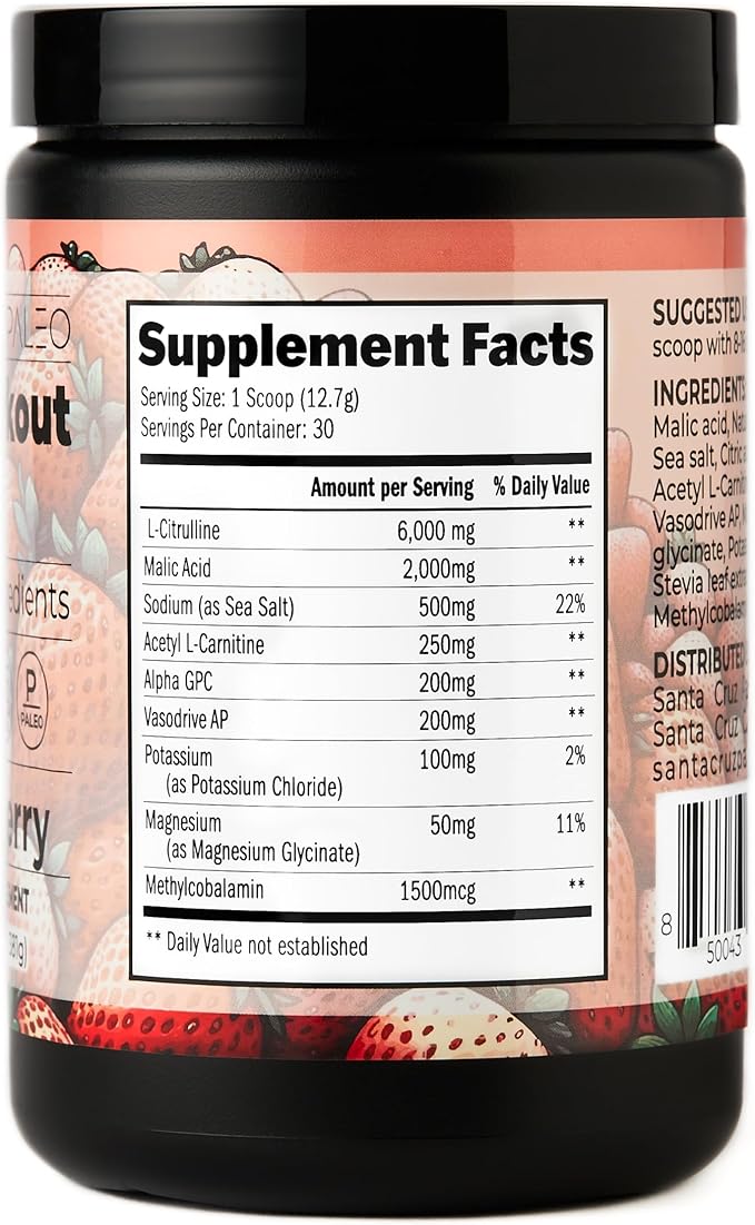 Santa Cruz Paleo Pre Workout Powder Electrolytes Magnesium Potassium Sea Salt &amp L Citrulline Caffeine &amp Sugar Free Preworkout Drink Mix for Energy &amp Hydration Strawberry Flavor 30 Se