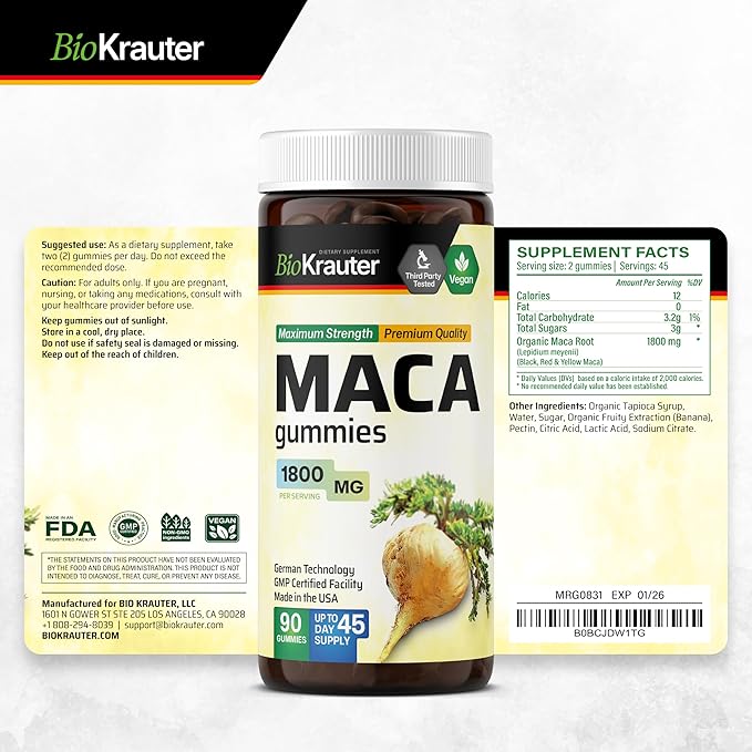 BIO KRAUTER Maca Root for Women and Men - Black Red &amp Yellow Maca Supplement 1800 mg for Drive Performance &amp Energy Support - 90 Gummies 45-Day Supply Non-GMO Banana Flavor