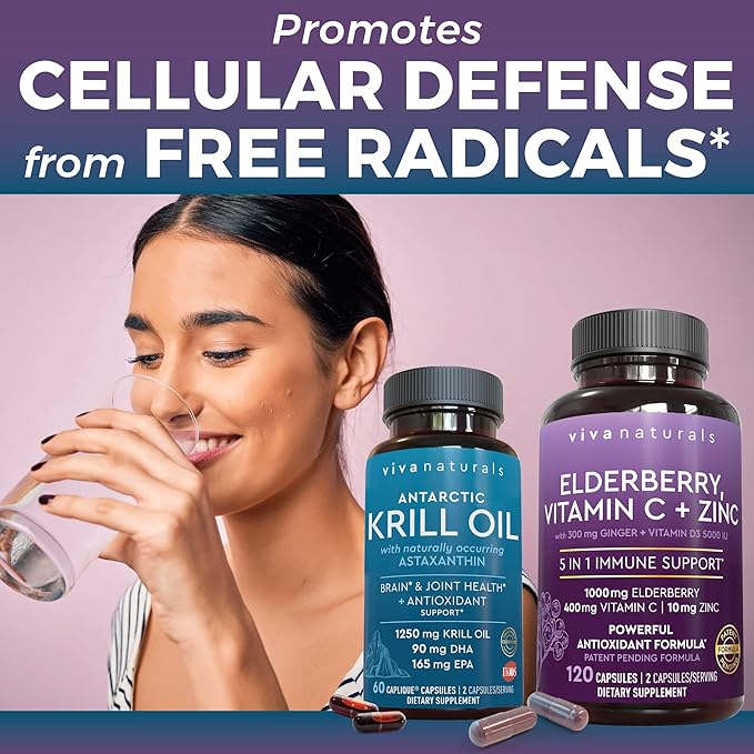 Viva Naturals Antarctic Krill Oil and Elderberry Vitamin C Zinc and Vitamin D3 5000 IU Bundle 1250 mg of Krill Oil Providing Omega 3 EPA and DHA for Joint Health Elderberry for Immune Support