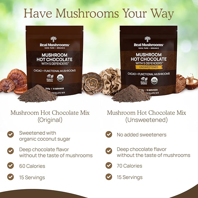 Real Mushrooms Organic Hot Chocolate Mix with Reishi Turkey Tail Chaga Shiitake Maitake – Cacao Powder Organic Mushroom– 5 Defenders Mushroom Cacao Powder Vegan Gluten-Free 15 Servings